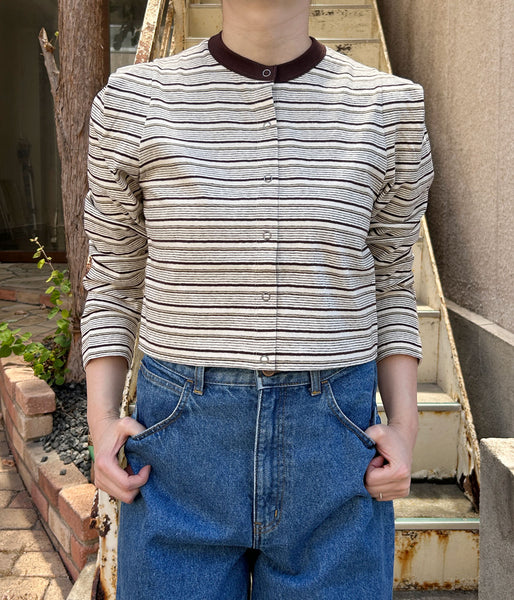 PHEENY/MULTI-BORDER TUCKED SHOULDER CARDIGAN(IVORY)