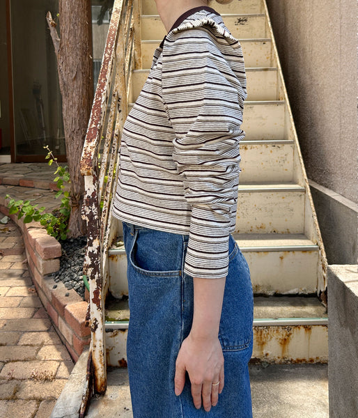 PHEENY/MULTI-BORDER TUCKED SHOULDER CARDIGAN(IVORY)