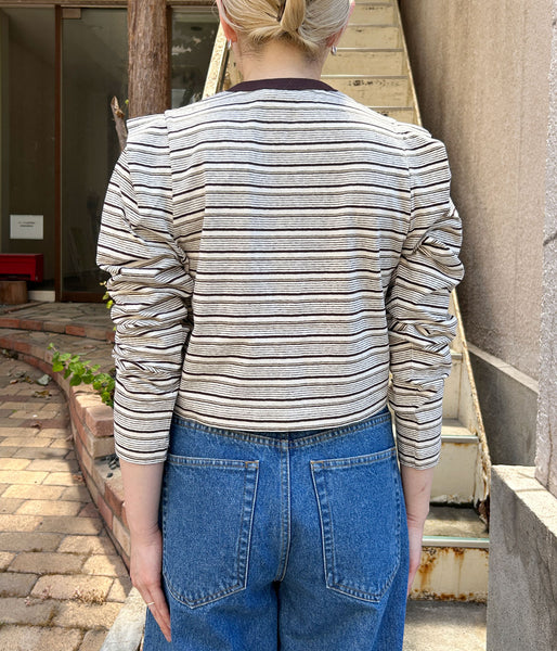 PHEENY/MULTI-BORDER TUCKED SHOULDER CARDIGAN(IVORY)