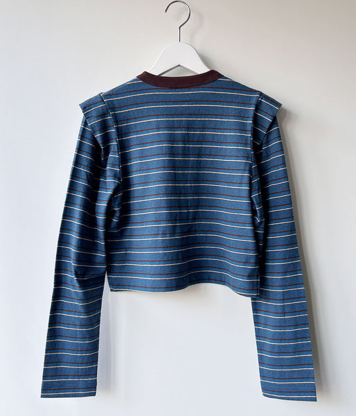 PHEENY/MULTI-BORDER TUCKED SHOULDER CARDIGAN(BLUE)