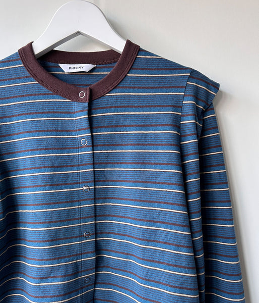 PHEENY/MULTI-BORDER TUCKED SHOULDER CARDIGAN(BLUE)