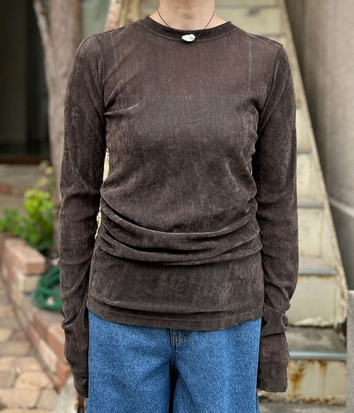 PHEENY/SHEER VELVET FLOCKED TULLE L/S TOP(BROWN)