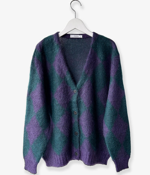 PHEENY/KID MOHAIR DIAMOND CHECK CARDIGAN(PU×GR)