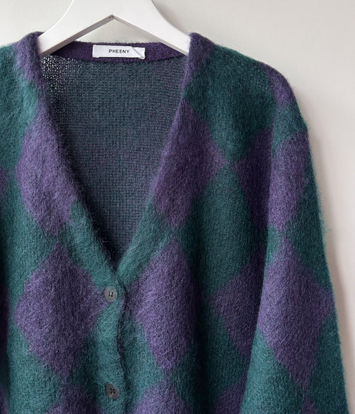 PHEENY/KID MOHAIR DIAMOND CHECK CARDIGAN(PU×GR)