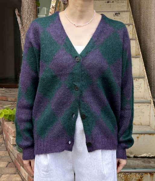 PHEENY/KID MOHAIR DIAMOND CHECK CARDIGAN(PU×GR)
