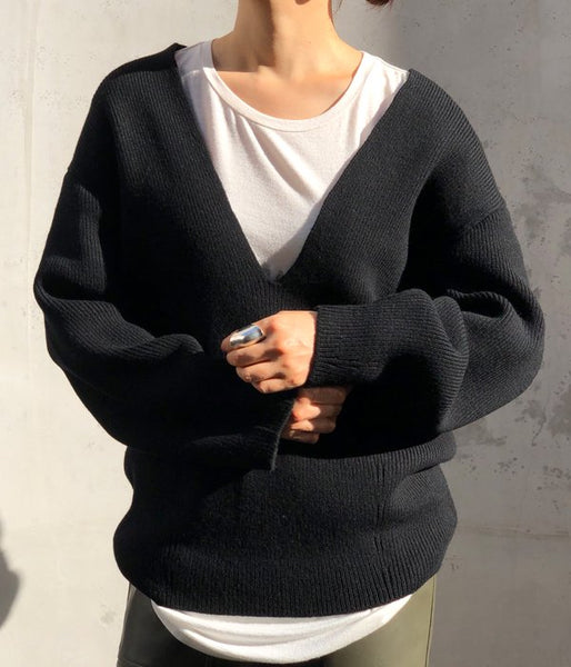 PHEENY/7G 1×1 RIB V-NECK COCOON KNIT(BLACK)