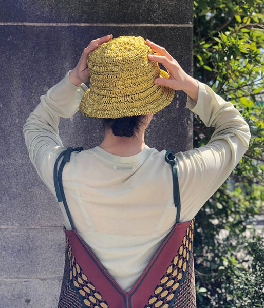 TAN/HAND KNITTED CLOCHE HAT(YELLOW)