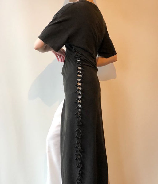 FUMIKA_UCHIDA/OVERDYED SIDE SHIRRING ASYMMETRY DRESS(BLACK)