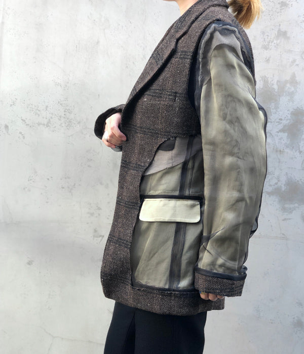 FUMIKA_UCHIDA/Plaid Nep Tweed/Satin CUT-OUT JACKET(OLVBRN×CHARCOAL/AVO